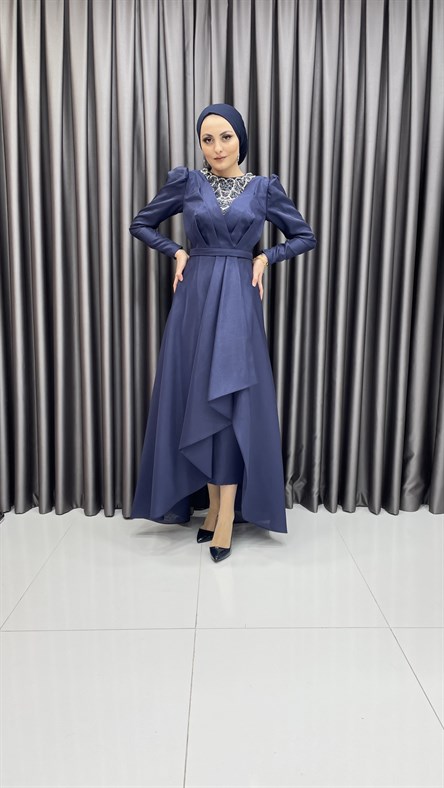 4585 H - V Yaka Detaylı Pile Görünümlü Tafta Abiye Elbise-Lacivert