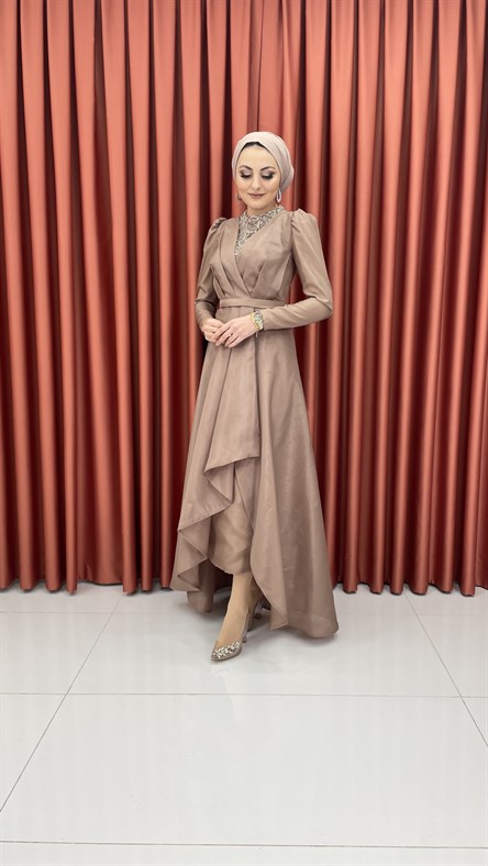 4585 H - V Yaka Detaylı Pile Görünümlü Tafta Abiye Elbise-Vizon