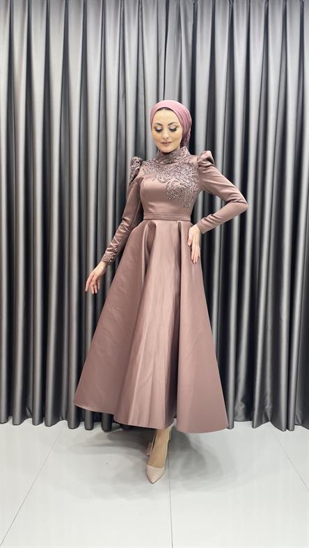 4587 H - Karpuz Kollu ve İşleme Detaylı Kalın Saten Kumaş Abiye Elbise-Marsala