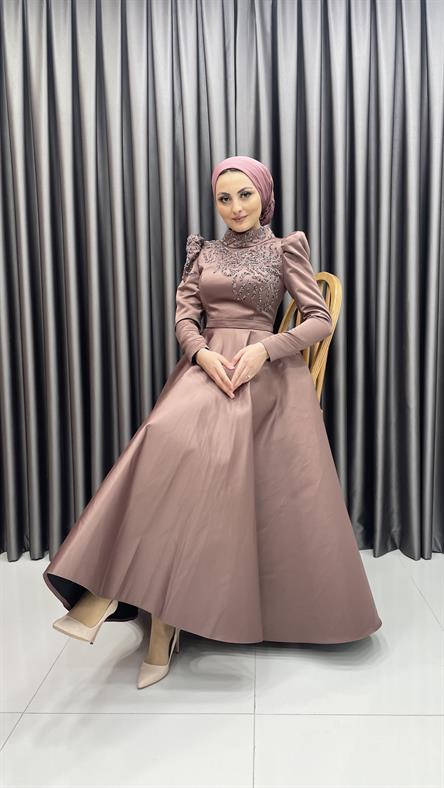 4587 H - Karpuz Kollu ve İşleme Detaylı Kalın Saten Kumaş Abiye Elbise-Marsala