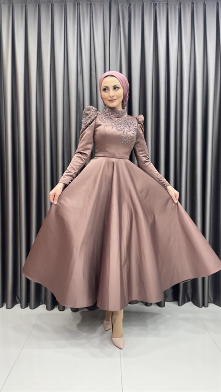 4587 H - Karpuz Kollu ve İşleme Detaylı Kalın Saten Kumaş Abiye Elbise-Marsala