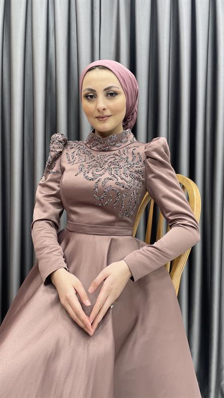 4587 H - Karpuz Kollu ve İşleme Detaylı Kalın Saten Kumaş Abiye Elbise-Marsala