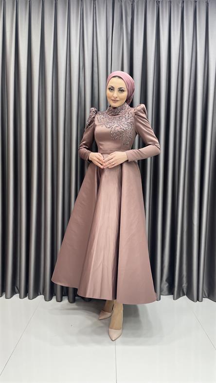 4587 H - Karpuz Kollu ve İşleme Detaylı Kalın Saten Kumaş Abiye Elbise-Marsala
