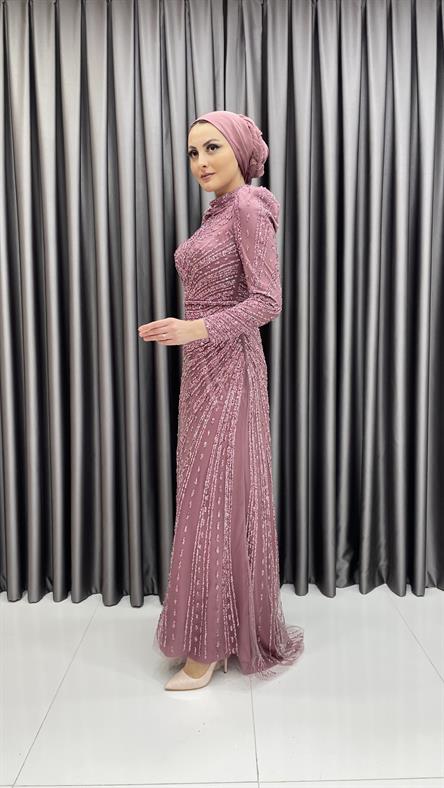 4589 H - Karpuz Kol Detaylı Taşlı Tül Kumaş Abiye Elbise-Açık Gül