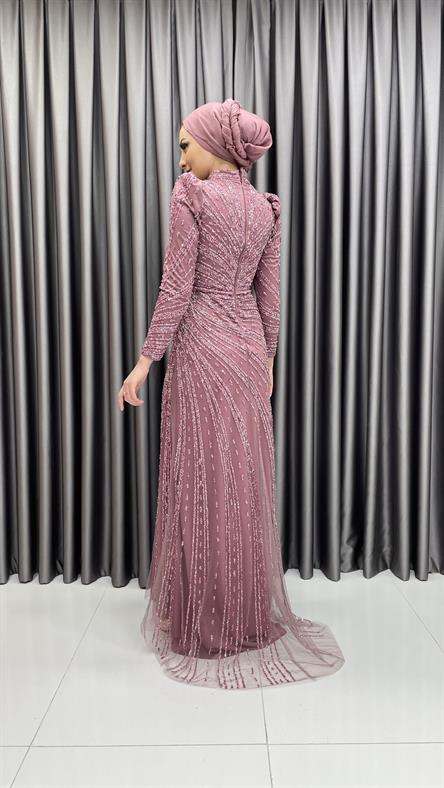 4589 H - Karpuz Kol Detaylı Taşlı Tül Kumaş Abiye Elbise-Açık Gül