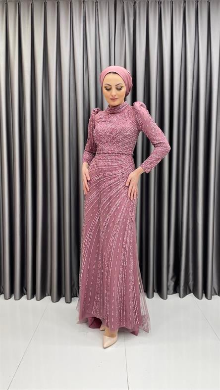 4589 H - Karpuz Kol Detaylı Taşlı Tül Kumaş Abiye Elbise-Açık Gül