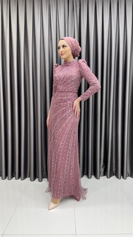 4589 H - Karpuz Kol Detaylı Taşlı Tül Kumaş Abiye Elbise-Açık Gül