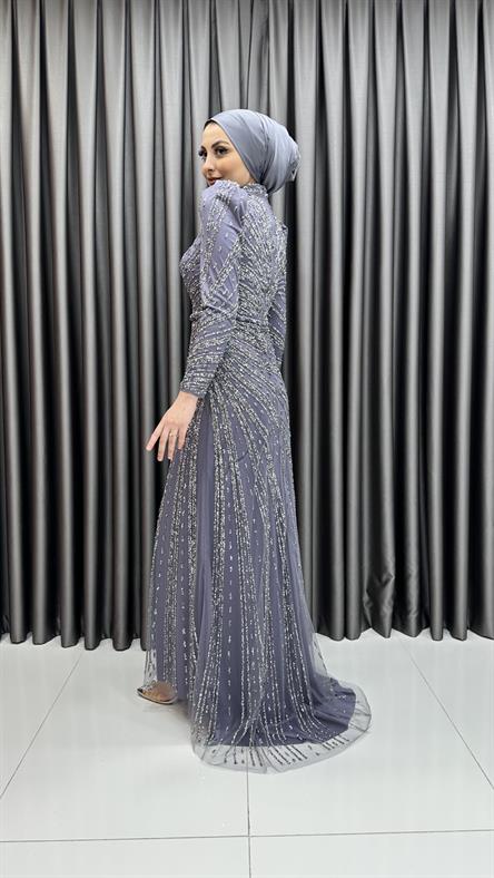 4589 H - Karpuz Kol Detaylı Taşlı Tül Kumaş Abiye Elbise-Lila