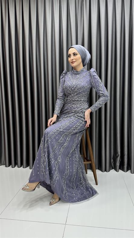 4589 H - Karpuz Kol Detaylı Taşlı Tül Kumaş Abiye Elbise-Lila