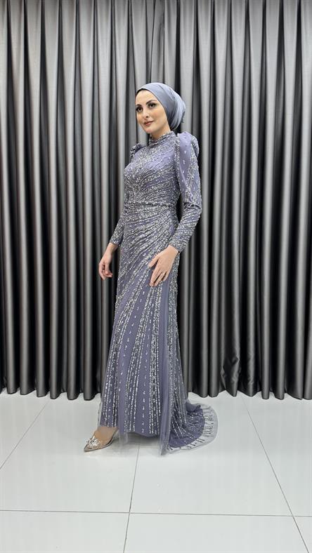 4589 H - Karpuz Kol Detaylı Taşlı Tül Kumaş Abiye Elbise-Lila