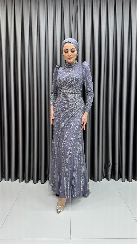 4589 H - Karpuz Kol Detaylı Taşlı Tül Kumaş Abiye Elbise-Lila