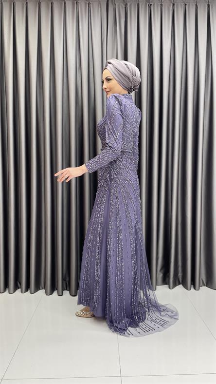 4589 H - Karpuz Kol Detaylı Taşlı Tül Kumaş Abiye Elbise-Mor