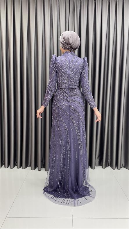 4589 H - Karpuz Kol Detaylı Taşlı Tül Kumaş Abiye Elbise-Mor
