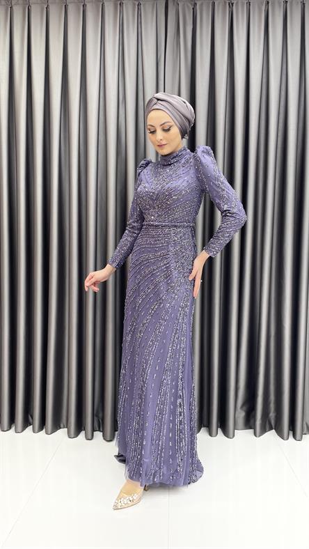 4589 H - Karpuz Kol Detaylı Taşlı Tül Kumaş Abiye Elbise-Mor