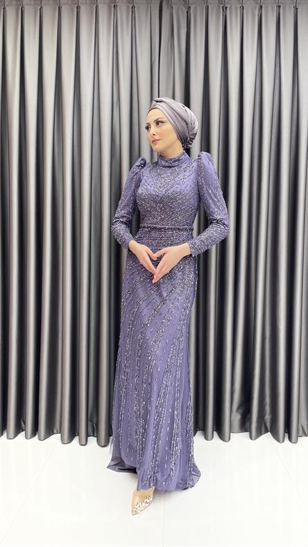 4589 H - Karpuz Kol Detaylı Taşlı Tül Kumaş Abiye Elbise-Mor