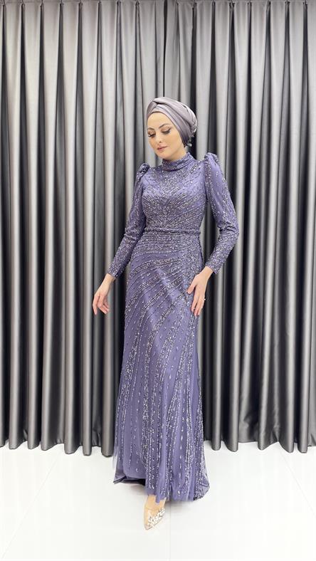 4589 H - Karpuz Kol Detaylı Taşlı Tül Kumaş Abiye Elbise-Mor
