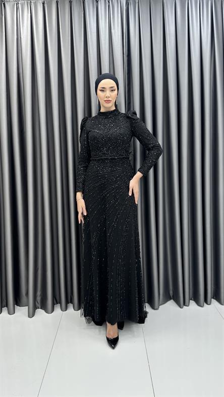 4589 H - Karpuz Kol Detaylı Taşlı Tül Kumaş Abiye Elbise-Siyah