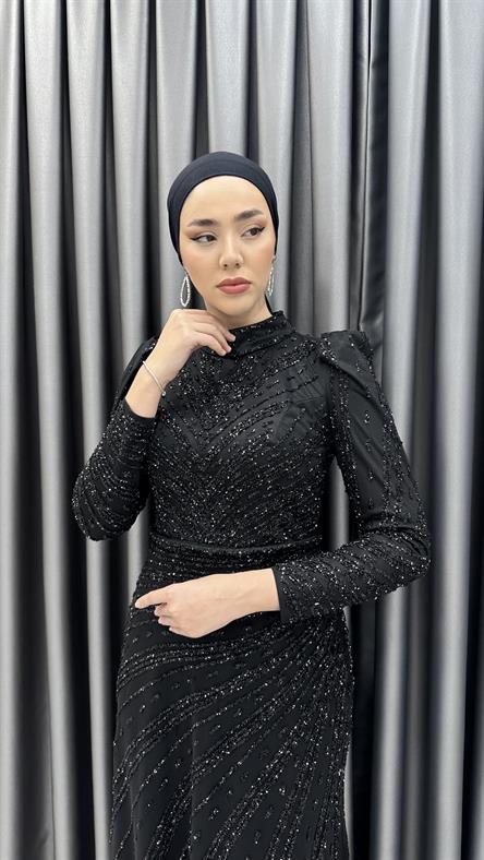 4589 H - Karpuz Kol Detaylı Taşlı Tül Kumaş Abiye Elbise-Siyah