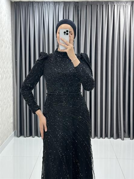 4589 H - Karpuz Kol Detaylı Taşlı Tül Kumaş Abiye Elbise-Siyah