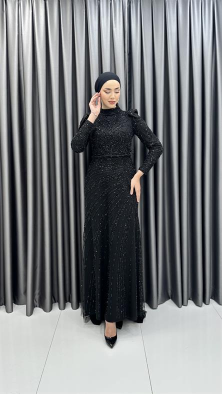 4589 H - Karpuz Kol Detaylı Taşlı Tül Kumaş Abiye Elbise-Siyah