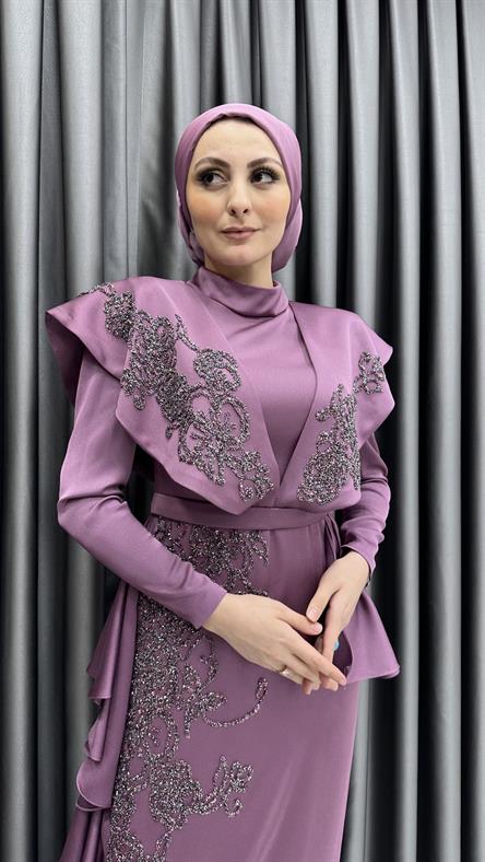 4594 H - İşlemeli V Yaka ve Pile Detaylı Abiye Elbise-Gül Rengi