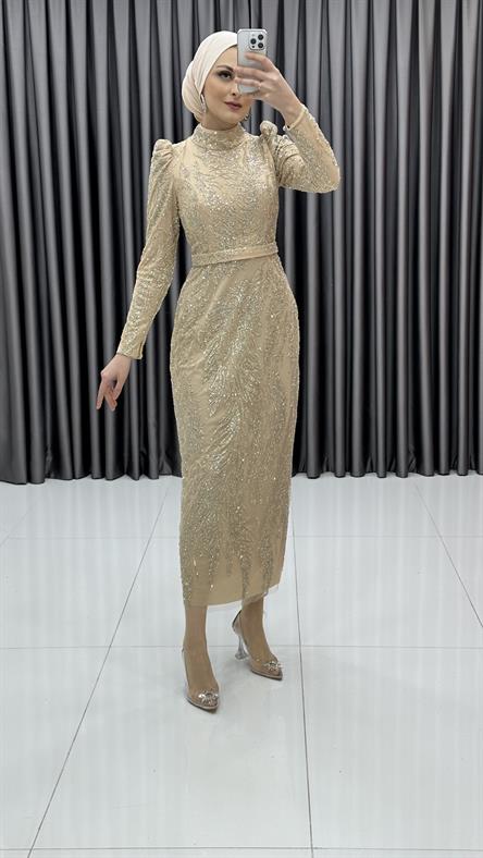 4599 H - İşlemeli ve Karpuz Kollu Taşlı Tül Abiye Elbise-Gold Rengi