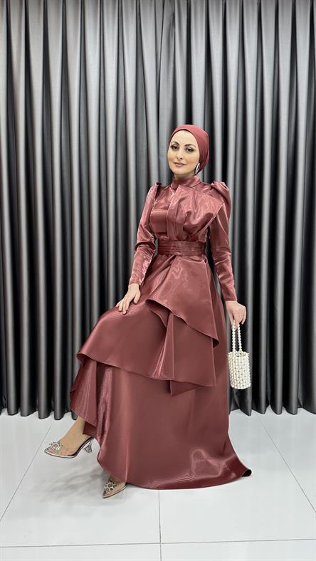 4605 H - Karpuz Kol Kat Detaylı Parlak Saten Abiye Elbise-Kiremit