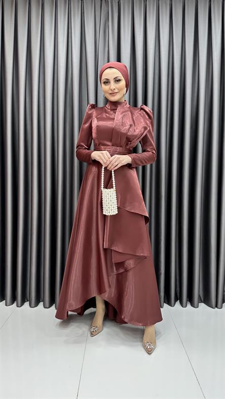 4605 H - Karpuz Kol Kat Detaylı Parlak Saten Abiye Elbise-Kiremit