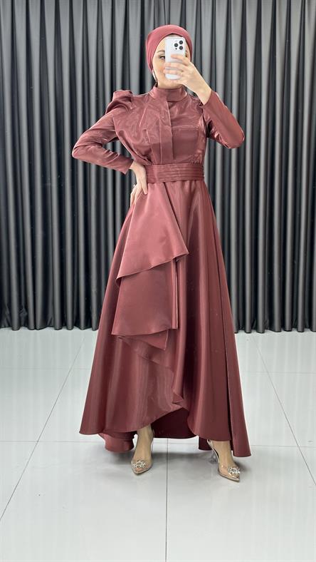 4605 H - Karpuz Kol Kat Detaylı Parlak Saten Abiye Elbise-Kiremit