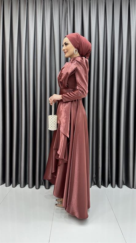 4605 H - Karpuz Kol Kat Detaylı Parlak Saten Abiye Elbise-Kiremit