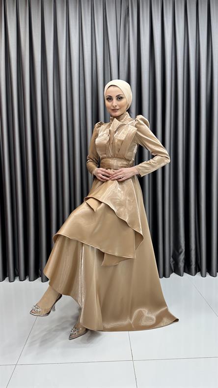 4605 H - Karpuz Kol Kat Detaylı Parlak Saten Abiye Elbise-Vizon