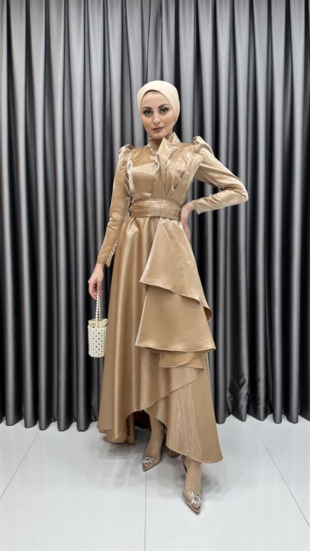 4605 H - Karpuz Kol Kat Detaylı Parlak Saten Abiye Elbise-Vizon