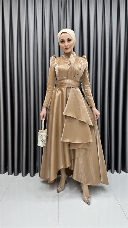 4605 H - Karpuz Kol Kat Detaylı Parlak Saten Abiye Elbise-Vizon