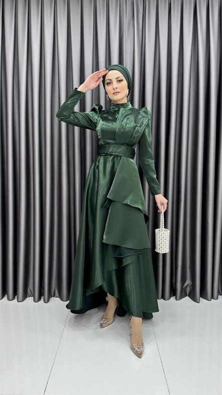 4605 H - Karpuz Kol Kat Detaylı Parlak Saten Abiye Elbise-Zümrüt