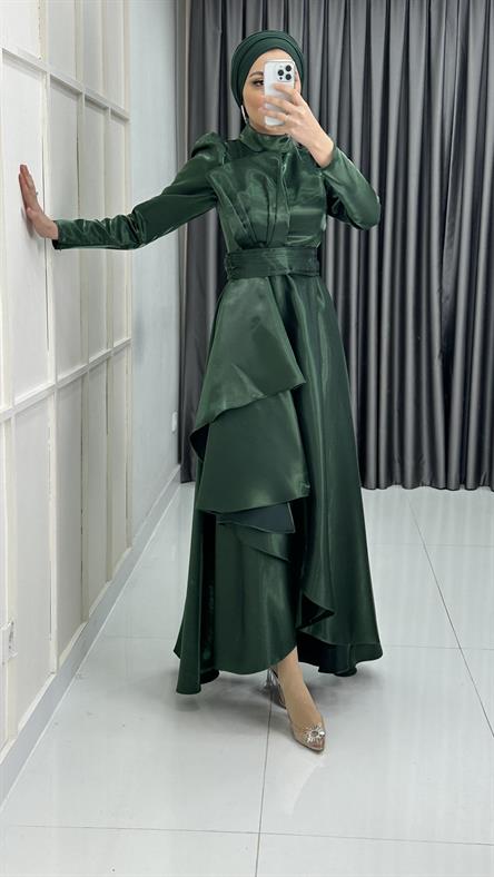 4605 H - Karpuz Kol Kat Detaylı Parlak Saten Abiye Elbise-Zümrüt