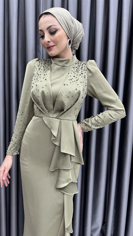 4613 H Abiye Elbise-Yağ Yeşili