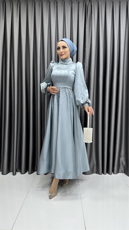 4623 H - Balon Kollu ve Taş Detaylı Saten Abiye Elbise-Mavi