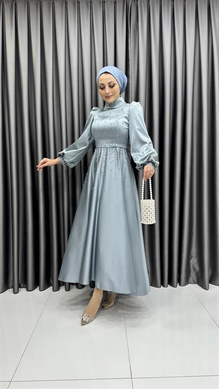 4623 H - Balon Kollu ve Taş Detaylı Saten Abiye Elbise-Mavi