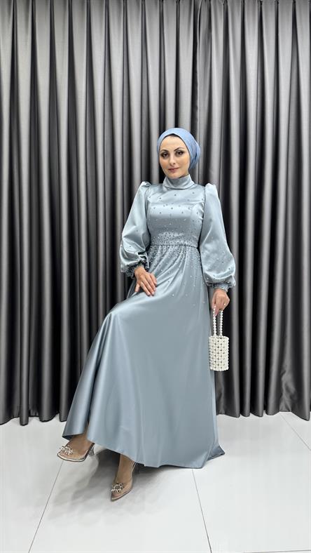 4623 H - Balon Kollu ve Taş Detaylı Saten Abiye Elbise-Mavi