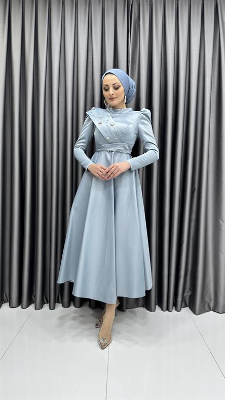4624 H - Broş ve Boncuk Detaylı Karpuz Kollu Kalın Saten Abiye Elbise-Mavi
