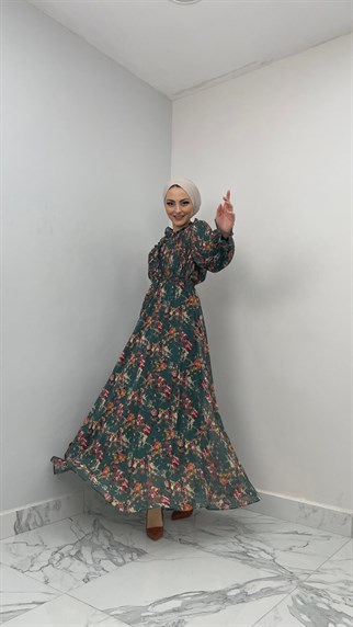 4627 H - Bilekte Tül ve Belde Burgu Detaylı Kendinden Pullu Abiye Elbise-Yeşil