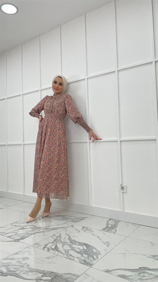 4628 H - Belde Burgu Motifli Sade Tasarımlı Buzi Kumaş Abiye Elbise-Pudra