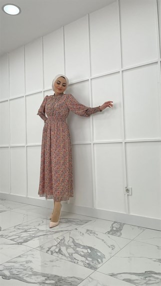 4628 H - Belde Burgu Motifli Sade Tasarımlı Buzi Kumaş Abiye Elbise-Pudra