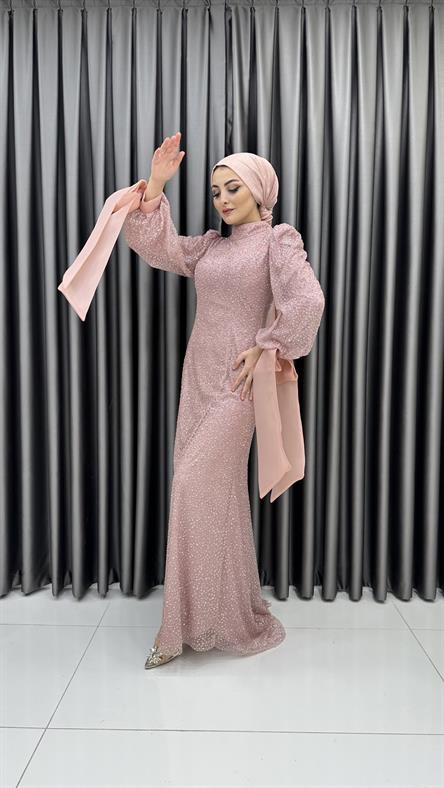 4645 H - Bileği Bağlama Detaylı ve Karpuz Kollu Taşlı Kumaş Abiye Elbise-Pudra