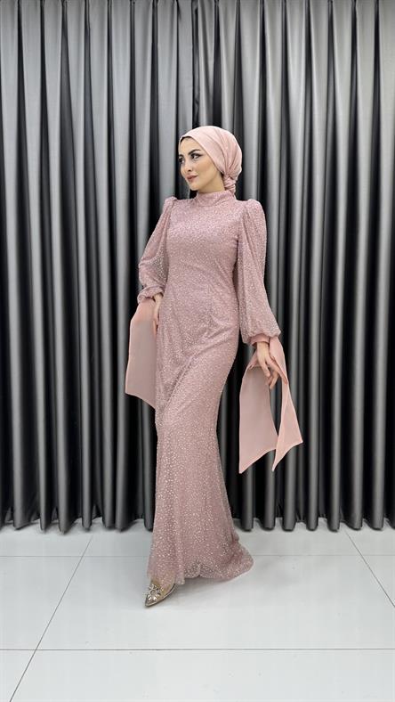 4645 H - Bileği Bağlama Detaylı ve Karpuz Kollu Taşlı Kumaş Abiye Elbise-Pudra