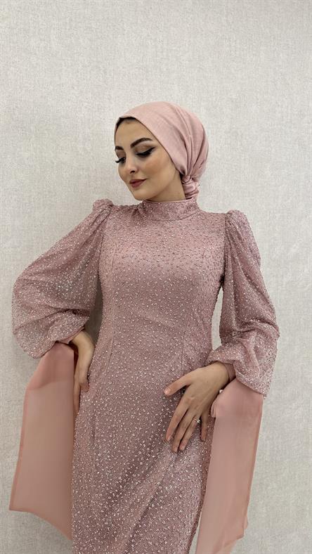 4645 H - Bileği Bağlama Detaylı ve Karpuz Kollu Taşlı Kumaş Abiye Elbise-Pudra