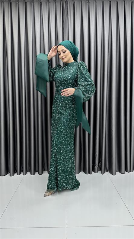 4645 H - Bileği Bağlama Detaylı ve Karpuz Kollu Taşlı Kumaş Abiye Elbise-Zümrüt