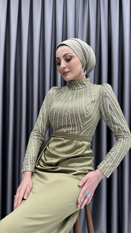 4646 H Abiye Elbise-Yağ Yeşili