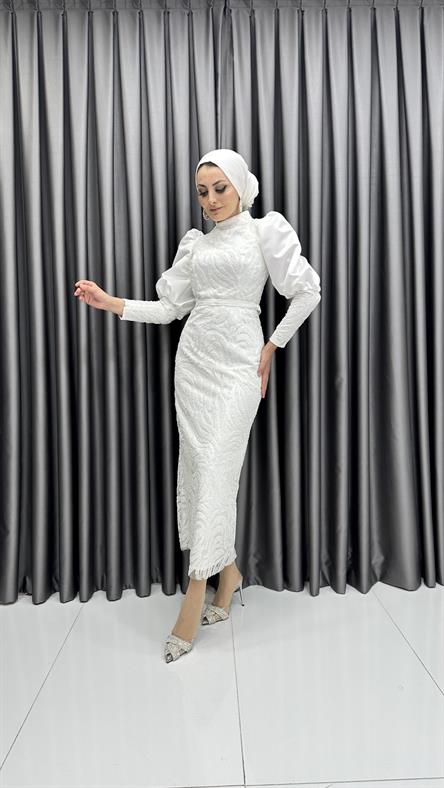 4656 H Abiye Elbise-Beyaz