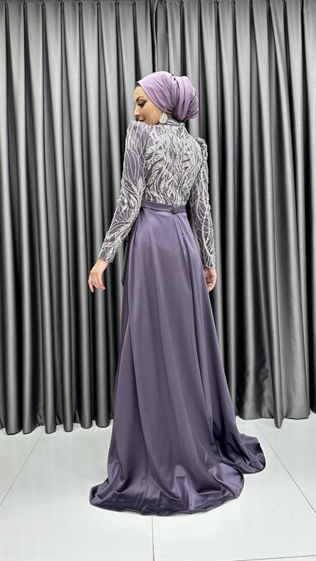4659 H - Boncuk İşlemeli ve Ek Etek Detaylı Abiye Elbise-Lila